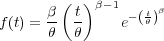       β ( t)β-1   -tβ
f(t) =--  -    e- (θ)
      θ   θ
