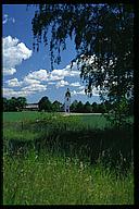 Rystad church, grass and foilage in foreground